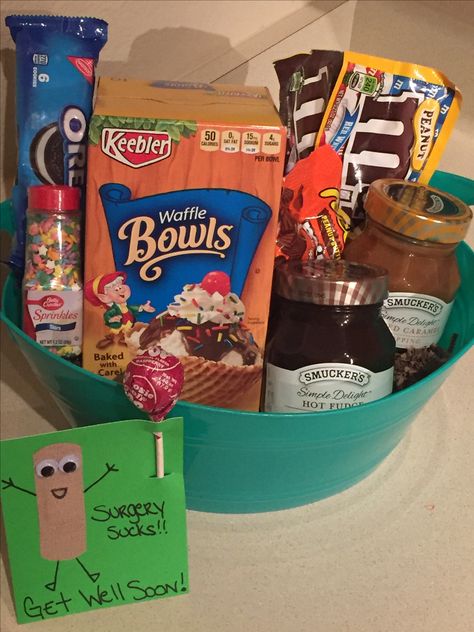 Get Well Ice Cream Sundae basket Get Well Food Basket, Get Well Fruit Basket Gift Ideas, Ice Cream Sundae Basket, Diy Get Well Basket After Surgery, Just Add Ice Cream Gift Basket, Get Well Basket For Kids Broken Arm, Waffle Bowl, Peanut Cookies, Ice Cream Sundae