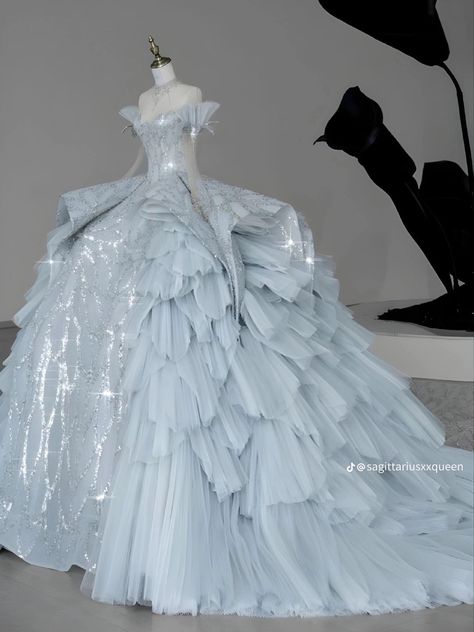 Silver Ball Gown Princesses, Blue Ball Gown Fairytale, Gala Dresses Elegant, Drag Dresses, Debut Gowns, Fairytale Gown, Ruffle Prom Dress, Blue Ball Gowns, Gowns Dresses Elegant