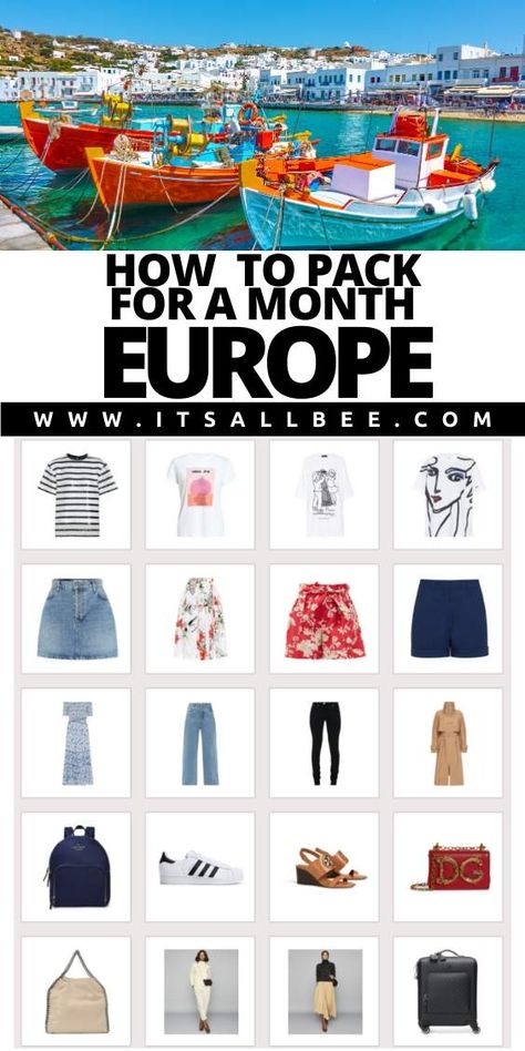 What To Pack For A Month In Europe, Month Long Trip Packing List, Packing For A Month In Europe, Europe Packing List Summer 3 Weeks, Packing For 3 Weeks In Europe Summer, How To Pack For A Month Long Trip, Europe Summer Outfits Travel Packing, Packing For One Month, What To Wear To Europe In The Summer