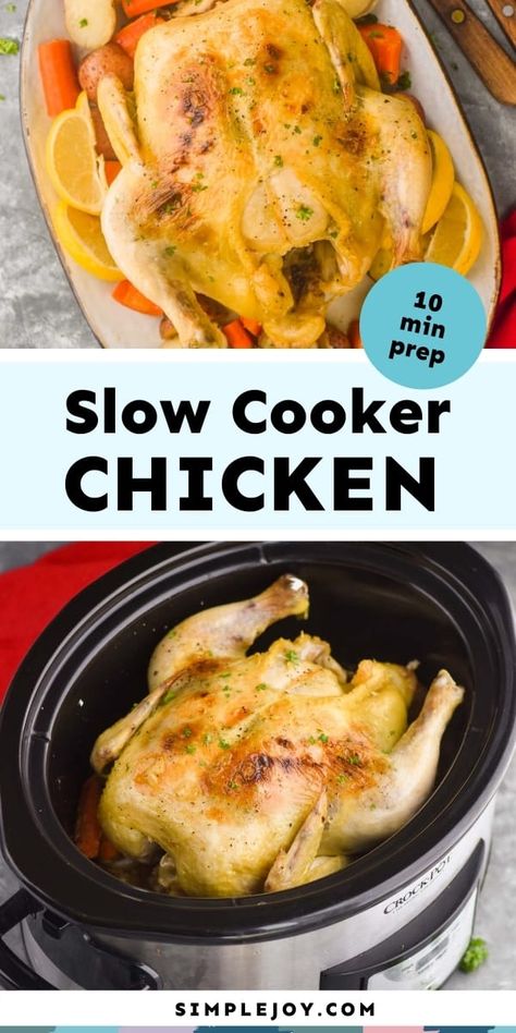 This Crockpot Whole Chicken has 10 minutes of hands on time, and your whole dinner is done in the slow cooker for an easy weeknight meal! How To Make A Whole Chicken In Crock Pot, Whole Chicken In Crockpot, Slow Cooker Whole Chicken, Crockpot Whole Chicken, Whole Chicken In The Crockpot, Crockpot Whole Chicken Recipes, Whole Chicken Recipes, Stuffed Whole Chicken, Whole Chicken