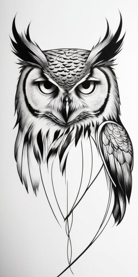 Owl Tattoo Sketch Design, Tattoo Dark Work, Owl Drawing Sketches, Owl Drawing Tattoo, Owl Tattoo Sketch, Abstract Owl Tattoo, Draw Owl, Owl Neck Tattoo, White Owl Tattoo