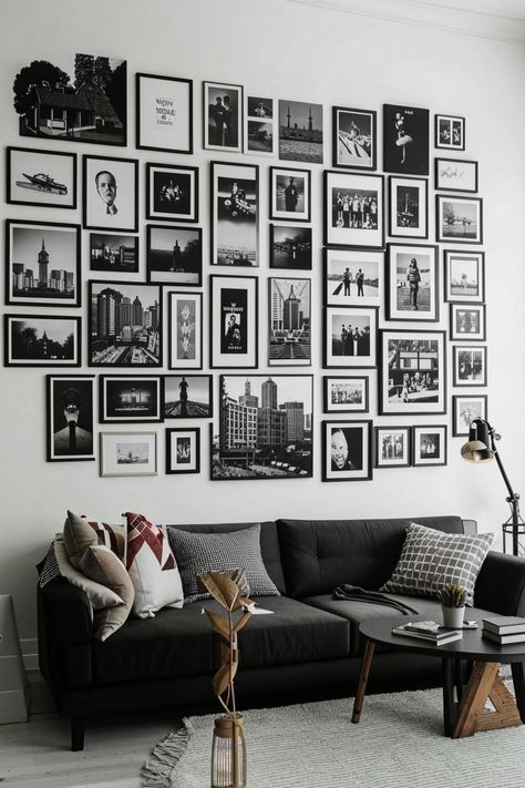 Elevate your living room with black and white photo collages! Discover stylish wall decor ideas for a minimalist aesthetic. From classic portraits to abstract prints, create a gallery wall that reflects your unique style. #walldecor #livingroomdesign #blackandwhiteaesthetic Room Photo Collage, Taproom Ideas, Black And White Gallery Wall, Photo Collage Ideas, Black And White Living Room Decor, Black And White Office, Modern Home Office Desk, Houses Interior, Create A Gallery Wall