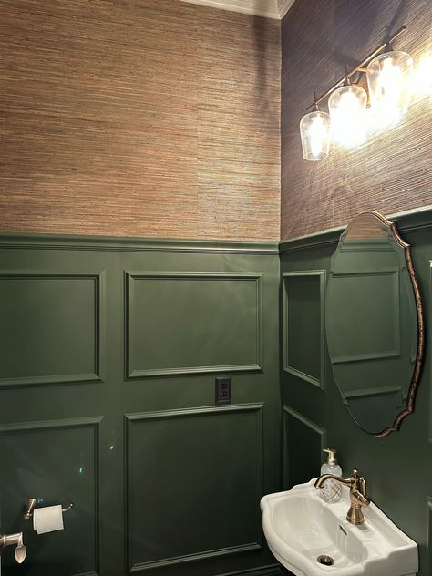 Dark Green Wainscoting, Waynes Coating Dining Room, Masculine Powder Room, Wallpaper With Wainscoting, Wainscoting With Wallpaper, Powder Room With Wallpaper, Green Wainscoting, Dark Green Accent Wall, Green Powder Room