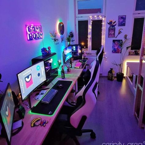 Couple Gaming Room Setup, Gamer Bedroom, Small Game Rooms, Gaming Rooms, Computer Gaming Room, Couple Room, Gamer Room Decor, Otaku Room, Video Game Room Design