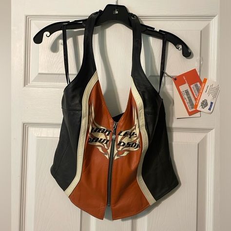 Rare Harley Davidson Bustier Vest Top. Classic Harley Davidson Orange And Black Logo With A Zipper In The Middle. Real Leather With Extra Halter Features. Harley Davidson Womens Clothing, Harley Gear, Leather Halter Top, Biker Wear, Harley Davidson Clothing, Harley Shirts, Classic Harley Davidson, Harley Davidson Bike, Davidson Bike