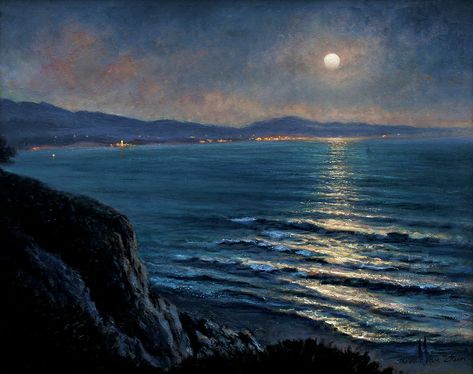 Thomas Van Stein, Waterhouse Gallery, Impressionist, Oak Group Member, Nocturne Artist, Santa Barbara landscapes, Santa Barbara Nocturnes, California Landscapes, Santa Barbara Fine Art Galleries Twt Banner, Ocean At Night, Night Sky Painting, California Landscape, Night Landscape, Island Art, Southwest Art, California Art, Sea Painting