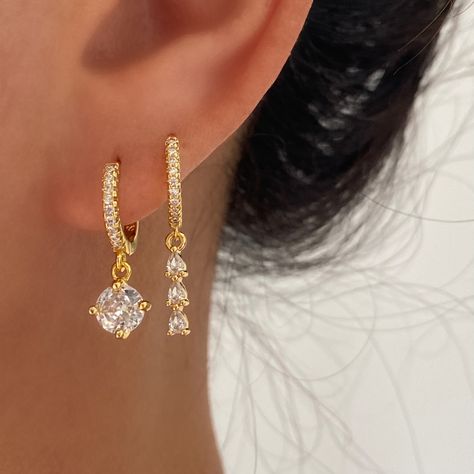 925 Sterling Silver Huggie Hoop Crystal Drop Dangle Gold Earrings – ANETT Gold Jewelry Earings, Formal Jewelry Gold Earrings, Earrings Gold Diamond, Gold Earrings Formal, Gold Elegant Earrings, Homecoming Jewelry Gold, Gold Prom Jewelry Earrings, Gold Dangly Earrings, Gold Prom Accessories