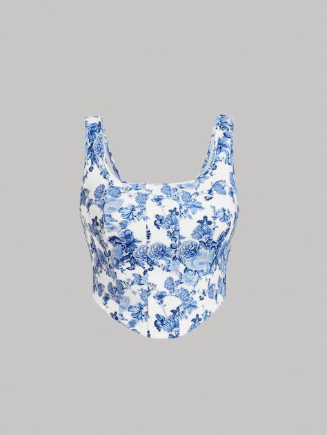 Plus Size Floral Print Fitted Asymmetric Hem Tank Top, Casual Summer Vacation Blue and White Boho   Knitted Fabric Floral,All Over Print Tank Medium Stretch  Women Plus Clothing, size features are:Bust: ,Length: ,Sleeve Length: Cheap Blue Floral Print Camisole, Blue Fitted Floral Print Halter Top, Blue Floral Tank Top, Blue Floral Print Sleeveless Top, Blue Floral Print Camisole Tank Top, Black Hair Clips, Wedding Party Accessories, Eyelash Extension Kits, Diy Eyelash Extensions