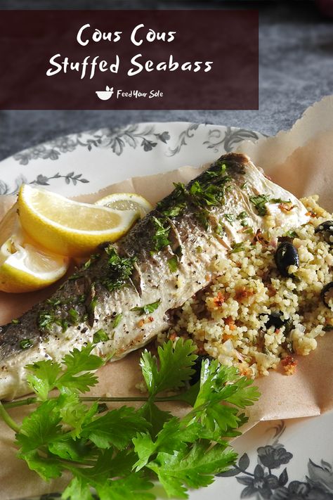 This Cous Cous Stuffed Sea Bass looks absolutely great – yet is so easy to make. Fluffy cous cous flavoured with olives, capers and fennel seeds stuffed in tender sea bass.  #dinner #fishrecipe #seabass #couscous #stuffedfish #healthyrecipe Mediterranean Sea Bass Recipes, Sea Bass Dinner, Couscous Recipes With Fish, Prawn Cous Cous Recipes, Fish With Couscous, Sea Bass Crudo, Pan Fried Fish Recipes, Sole Recipes, Food Huggers