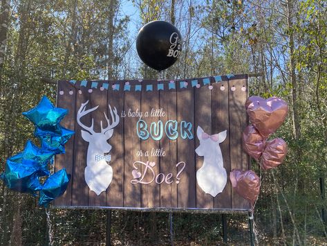 Deer Hunting Gender Reveal, Buck Doe Gender Reveal, Gender Reveal Ideas Hunting, Bow Hunting Gender Reveal Ideas, Buck Or Doe Gender Reveal Decorations, Outdoorsy Gender Reveal, Gender Reveal Buck Or Doe Ideas, Hunting Gender Reveal Ideas For Party, Gender Reveal Deer Theme