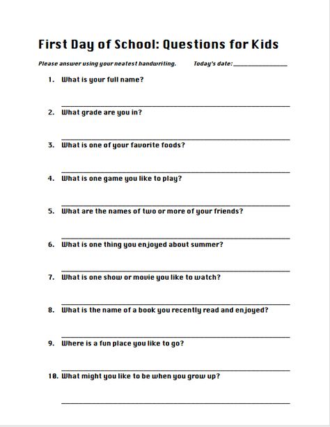 Questions for first day of school First Day Of School Questions For Kids, Classroom Question Of The Day, First Day Of School Questions, Kindergarten Question Of The Day, Prek Question Of The Day, First Day Of School Questionnaire, School Questions, Questions For Kids, Stretch Mark