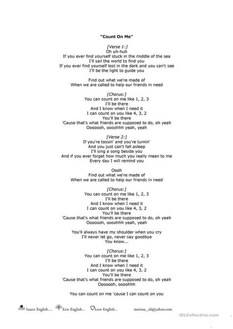 Count On Me by Bruno Mars Worksheet - English ESL Worksheets Mars Worksheet, Count On Me Lyrics, Count On Me Bruno Mars, What Are Friends, Songwriting Lyrics, Bruno Mars Lyrics, Music Activity, Nursery Rhymes Activities, Tongue Drum