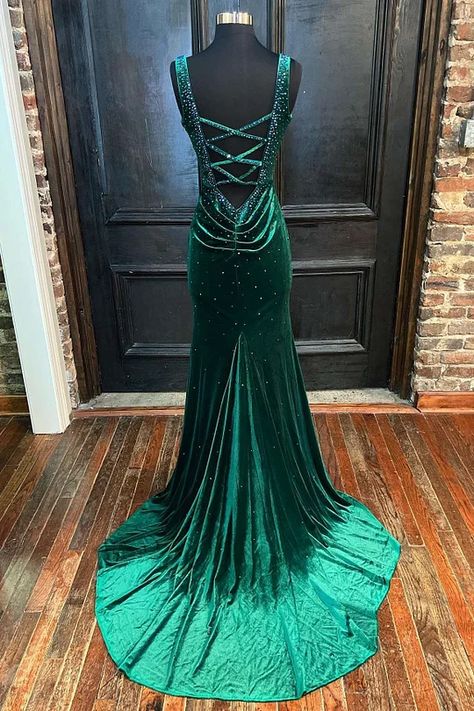 Emerald Velvet, Dress With Rhinestones, Prom Dresses Long Mermaid, Long Formal Dress, Mermaid Prom Dress, Mermaid Fashion, Mermaid Prom Dresses, Long Prom Dress, Green Velvet