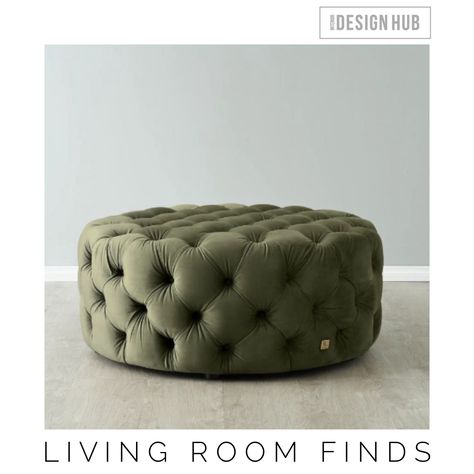 LIVING ROOM FINDS: This is a classic piece for a living room. Loving the Kelly Olive Green Velvet ottoman from Koala Living x Green Velvet Ottoman, Room Finds, Green Ottoman, Olive Green Velvet, Gold Sofa, Green Velvet Sofa, Velvet Ottoman, Gold Legs, Modern Furniture Stores