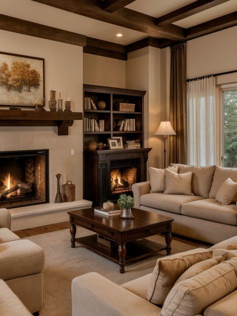 Living Room Craftsman Style, American House Living Room, Traditional Interior Living Room, Vintage Theme Living Room, Traditional House Living Room, Dark Wood Built Ins Living Room, Traditional Living Room Layout, Traditional Living Room Inspiration, Living Room Designs Traditional Style