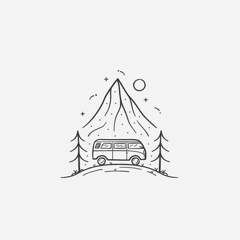 Camper Drawing, Happy Camper Sign, Travel Tattoo Ideas, Follow The Light, Travel Tattoos, Mountain Drawing, Passport Stamps, Travel Drawing, Dad Tattoos