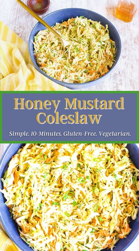 Mix up your coleslaw game with this sweet and tangy honey mustard coleslaw. This simple, 10-minute summer side dish is great as is or can be served on a pulled pork sandwich or in a chicken wrap. Naturally gluten-free, dairy-free, and vegetarian. #honeymustardcoleslaw #mustardcoleslaw #coleslawforpulledpork #coleslawrecipe #summersidedish Mustard Coleslaw Recipe, Honey Mustard Coleslaw, Mustard Coleslaw, Coleslaw Sauce, Pork Side Dishes, Coleslaw For Pulled Pork, Mustard Cabbage, Healthy Coleslaw Recipes, Healthy Coleslaw