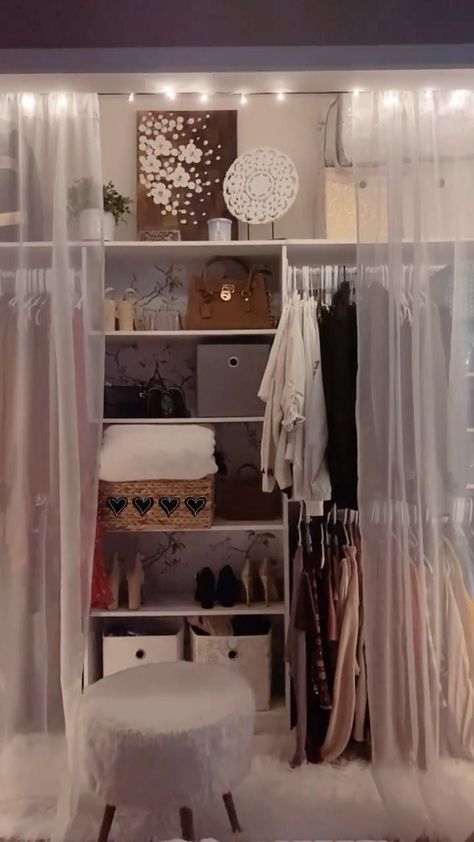 Closet With Drapes, Curtain Lights Closet, Clothing Storage Studio Apartment, Open Closet Covering Ideas, Open Shelf Bedroom Closet, Exposed Closet Ideas Small Spaces, Aesthetic Closet Curtains, Storage Ideas For No Closets, Ideas For No Closet In Bedroom