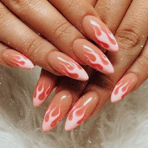 Fire Nails Designs Almond, Fire Almond Nails, Flame Nail Art, Golden Nails, Seasonal Nails, Almond Nails Designs, Soft Nails, Colorful Nail Designs, Short Acrylic Nails Designs