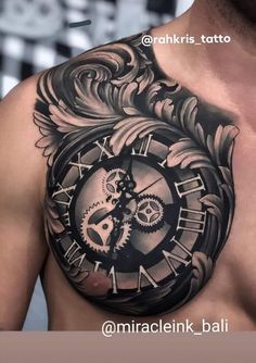 Chest Tattoo Men Cover Up, Black And Grey Chest Tattoos For Men, Clock Tattoo Design For Men Chest, Clock Chest Tattoo For Men, Chest Tattoo Clock, Mens Chest Tattoos Ideas Design, Shoulder Tats Men, Chest Tattoo Design For Men, Clock Tattoo Design For Men