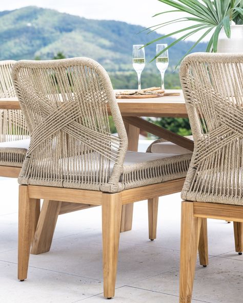 In awe of the stunning handwoven rope on our Westwood Dining Chairs 🤩 #EurekaFurniture #FSCTeakWood #outdoorliving #patiofurniture #hamptonsoutdoor #hamptonsstyle #hamptonshome #hamptonsdecor #hamptonsfurniture #handwovenchair [Image: Hand woven rope & 100% FSC certified teak wood dining chairs around a table with two champagne glasses on a luxury home poolside patio.] Hamptons Furniture, Hamptons Decor, Woven Chair, Hamptons House, Hamptons Style, Wood Dining Chairs, Outdoor Dining Set, Champagne Glasses, Wooden Table