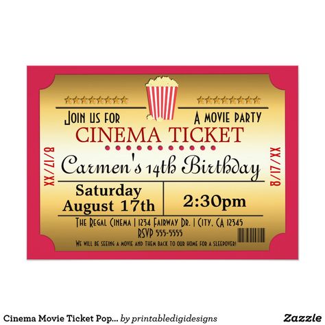 Movie Ticket Birthday Invitations, Movie Template, Ticket Party Invitations, Movie Birthday Party, Movie Themed Party, Movie Ticket, Night Film, Popcorn Party, Cinema Ticket