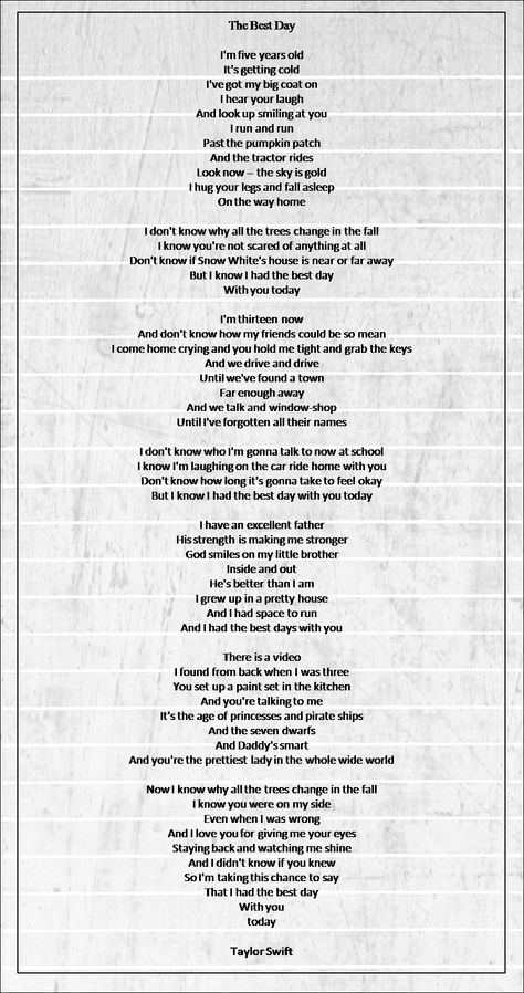 Daddy's smart and you're the prettiest lady in the whole wide world... The Best Day - Taylor Swift Gorgeous Lyrics, Taylor Swift Gorgeous, Song Words, Taylor Lyrics, State Of Grace, Lyrics Quotes, Red Taylor, Wide World, Taylor Swift Songs