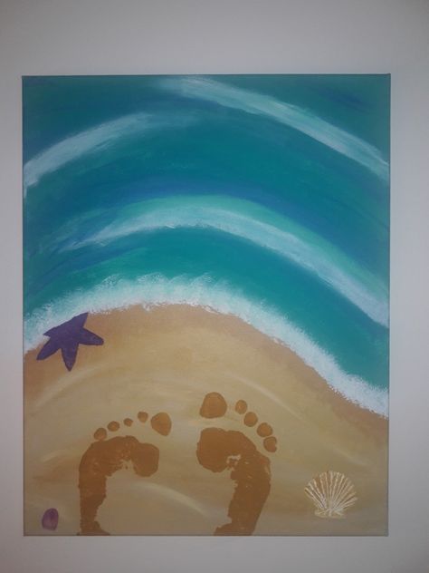 Beach Art For Infants, Sand Hand Print On Canvas, Boat Footprint Art, Beach Theme Infant Art, Beach Theme Footprint Art, Footprints In The Sand Drawing, Sand Footprint, Baby Handprint Crafts, Sand Drawing