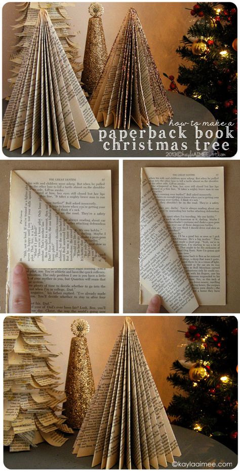 Easy Christmas Craft Tutorial: how to make a christmas tree from a paperback book Joululahjat Diy, Easy Christmas Craft, Book Christmas Tree, Diy Jul, Book Christmas, Book Page Crafts, Christmas Paper Crafts, Paper Christmas Tree, Navidad Diy