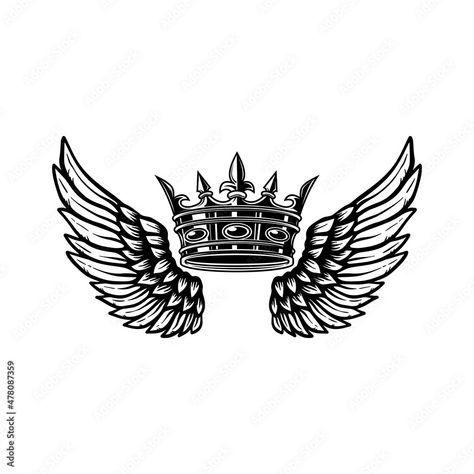 Download Illustration of king crown and wings in monochrome style. Design element for logo, emblem, sign, poster, t shirt. Vector illustration Stock Vector and explore similar vectors at Adobe Stock. Eagle With Crown Tattoo, Eu Logo Design, King Tattoo Men Crowns, Mens Crown Tattoo, Wings With Crown Tattoo, Crown Wings Tattoo, Crown With Wings Tattoo, Crown And Wings Tattoo, King Tattoo Men