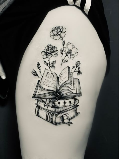 Thigh Book Tattoos Women, Books And Roses Tattoo, Tattoo Ideas For The Thigh, Book Tattoo Ideas Thigh, Book Tattoo On Thigh, Writers Tattoos Ideas, Book And Rose Tattoo, Thigh Book Tattoo, Womens Upper Thigh Tattoo