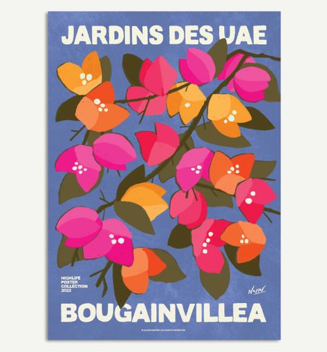 'Bougainvillea - Blue Rainbow’ Bougainvillea Pattern, Bougainvillea Illustration, Mexican Embroidery Designs, Modern Art Diy, Floral Posters, Flower Posters, Pop Art Fashion, Greeting Card Inspiration, Floral Poster