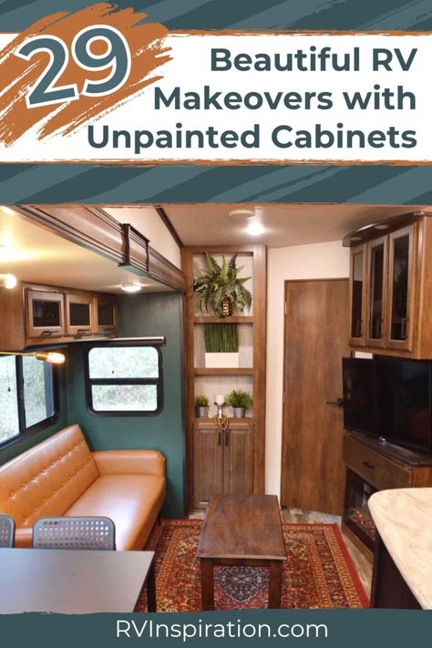 Do you want to give your RV a makeover but don't want to go through the hassle of painting your cabinets? Or what if you like the look of your wood cabinets, but just don't love the overall effect? Regardless of why you don't want to paint your wood RV cabinets, in this article, you'll see 29 beautiful RV makeovers with unpainted cabinets! #rvrenovation #rvinspiration #rvdecor Updating Oak Cabinets, Camp Diy, Rv Cabinets, Rv Decorating, Camper Redo, Glamper Camper, Lake Vibes, Rv Interior Remodel, Wood Organization