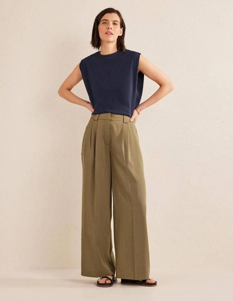 Boden New Season Sale: 17 Spring Staples You Won't Regret | Who What Wear UK Millennials Fashion, Plain Canvas, Black Wide Leg Trousers, Suiting Fabric, Boden Uk, Dark Khaki, Pantalon Large, Khaki Color, High Fashion Street Style