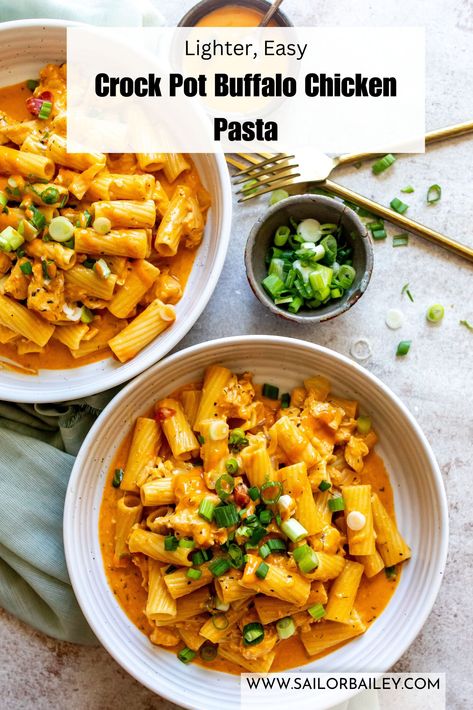 A flavorful twist on classic comfort food, crock pot buffalo chicken pasta. A hassle-free, addicting dish that's perfect for busy days. via @sailor_bailey Sailor Bailey Buffalo Chicken Pasta, Slow Cooker Buffalo Chicken Pasta, Rainy Day Crock Pot Meals, Buffalo Chicken Pasta Crock Pot, Crock Pot Pasta Recipes, Crockpot Buffalo Chicken Pasta, Crock Pot Buffalo Chicken, Apartment Cooking, Slow Cooker Buffalo Chicken