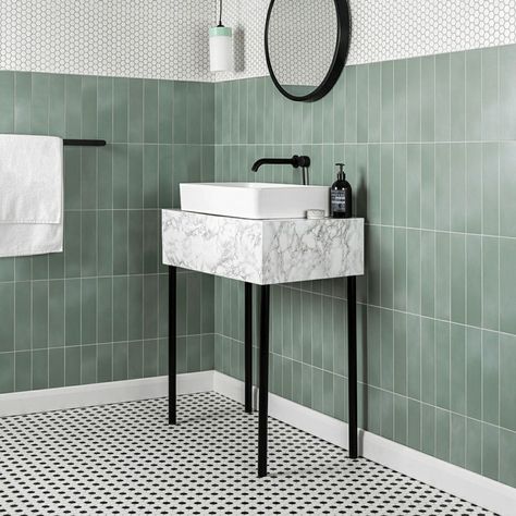 Our Top 9 Green Bathroom Ideas Brick Tile Wall, White Mosaic Tiles, Luxe Bathroom, Grey Floor Tiles, White Wall Tiles, Metro Tiles, Victorian Tiles, Wood Effect Tiles, Brick Tiles