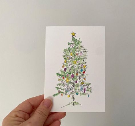 Tree Drawing Pen, Tree Christmas Cards, Pencil And Pen, Christmas Tree Drawing, Watercolor Birthday Cards, Watercolor Birthday, Tree Christmas, Illustration Artists, Paint Pens