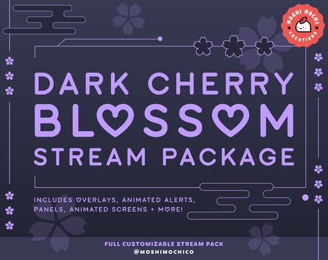 Full Dark Cherry Blossom Stream Package for Twitch, Youtube & More. Complete Package for Streamers. Take this mystical cherry blossom themed package home today, perfect for any streamer looking to add a unique touch to their setup! ♡ Includes everything you need to get your stream up and running! Compatible with all OBS software. **THIS IS A DIGITAL FILE** This listing includes: ★ 30 Panels (320px x 100px) ★ 9 Animated Alerts ★ 6 Animated Screens ★ 4 Pre-Made Full Screen Overlays ★ 2 Game Border Diy Tamagotchi, Dark Cherry Blossom, Twitch Streaming Setup, Lofi Aesthetic, Twitch Panels, Streaming Setup, Gamer Room Decor, Super Powers Art, Emoji Art