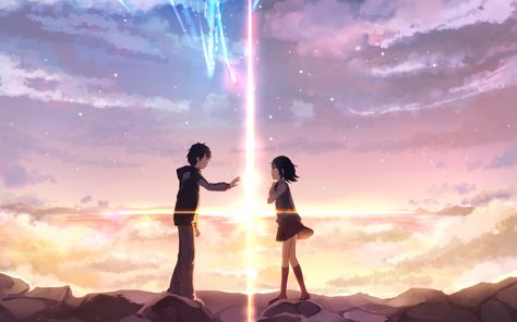 Anime Your Name.  Mitsuha Miyamizu Taki Tachibana Kimi No Na Wa. Fondo de Pantalla Kimi No Na Wa Wallpaper, Your Name Wallpaper, Your Name Anime, Hd Anime Wallpapers, Japon Illustration, Theme Background, Name Wallpaper, Cool Anime Wallpapers, Anime Meme