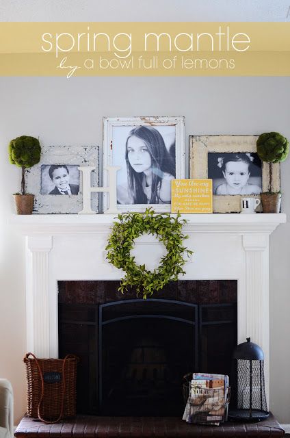 Time to add some color to your mantle with this cheery display. Check out the sweet sign! Via A Bowl Full of Lemons Spring Mantel, Mantel Decorating, Blue Shabby Chic, Fireplace Mantle Decor, The Mantle, Shabby Chic Frames, Mantle Decor, Fireplace Decor, Simple Beauty