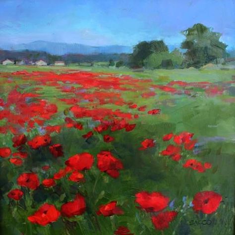 Kerry Sacco, "Poppy Field" Yellow Pansies, Monet's Garden, Poppy Field, Mountain Paintings, Art References, Miniature Painting, Red Glass, Oil Pastel, On Board