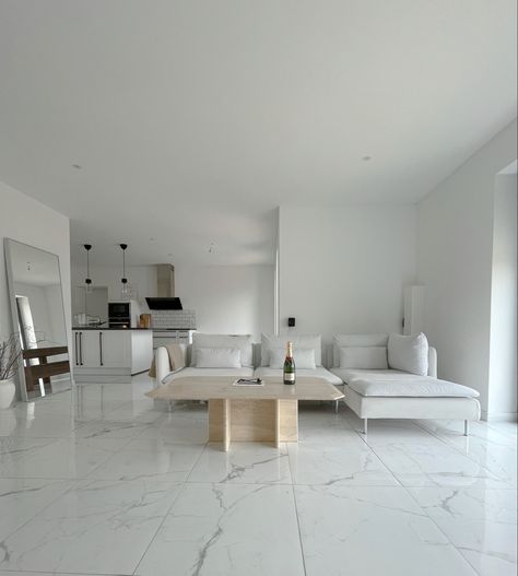 Scandinavian living room söderhamn sofa white sofa marble floor open space travertine travertin coffeetable couchtisch hovet ikea nordic White Tiled Floors Living Room, Living Room Designs Marble Floor, Living Room White Tile Floor, White Tile Floor Living Room Decor, White Marble Tiles Living Room, Marble Floor Living Room Decor, White Marble Living Room Floor, Marble Tile Floor Living Room, White Tile Living Room