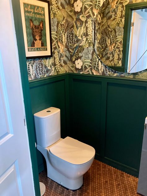 Funky Toilet Wallpaper, Green Wallpaper Toilet, Downstairs Toilet Ideas Small Quirky, Understairs Toilet Wallpaper, Understairs Toilet Panelling, Jungle Downstairs Toilet, Tiny Toilet Room Ideas Wallpaper, Downstairs Toilet And Utility Ideas, Crazy Downstairs Toilet