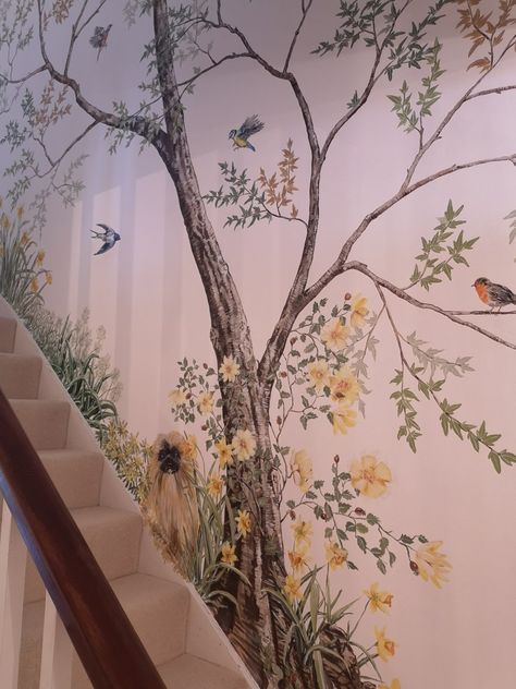 Rustic Mural Wall Paintings, Wall Murals Painted Stairways, Stair Murals Wall Art, Staircase Mural Wall, Hand Painted Botanical Mural, Hand Painted Staircase Mural, Hand Painted Woodland Mural, Wallpaper Staircase, Fairy Tale Mural Painted Walls