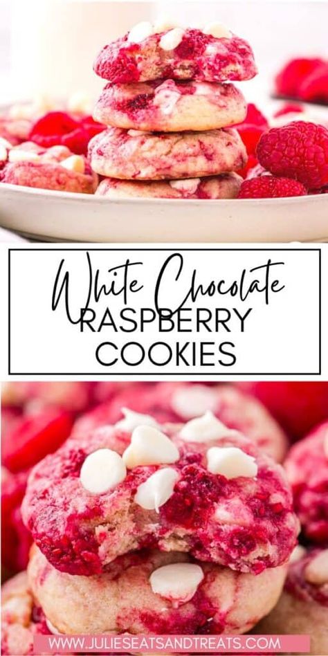 White Chocolate Raspberry Cookies White Chocolate Raspberry Cookies, Dessert Recipes Chocolate, Chocolate Raspberry Cookies, Raspberry White Chocolate Cookies, Raspberry Cookie Recipes, Fruity Cookies, Easy Homemade Cookies, White Chocolate Cranberry Cookies, Raspberry White Chocolate