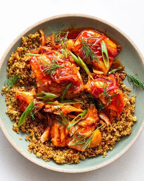 Gochujang Butter Salmon - Justine Doiron Gochujang Salmon, Justine Snacks, Savory Quinoa, Crispy Quinoa, Salmon Soy Sauce, Butter Salmon, Extra Protein, Gluten Free Chili, Slow Roast