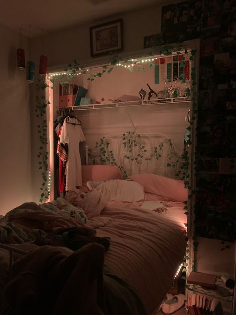 Stary Night Room Decor, Room Ideas Bed In Closet, Room Ideas Aesthetic Bed In Closet, Room Inspo Bed In Closet, Well Lit Bedroom, Bed In The Closet Aesthetic, Bed Inside Closet Ideas Aesthetic, Bed In Closet Aesthetic Room, Twin Bed In Closet Ideas