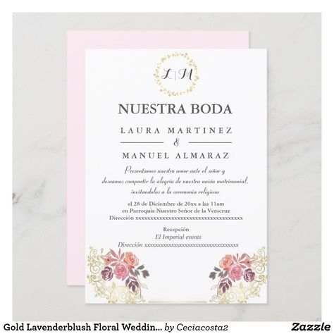 Gold Lavenderblush Floral Wedding Spanish Invitation Wedding Spanish, Spanish Invitations, Spanish Wedding Invitations, Modern Invitations, Spanish Wedding, Beach Wedding Invitations, Gold Invitations, Simple Wedding Invitations, Modern Invitation