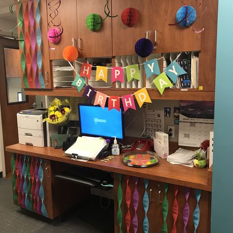 Decorated my co-worker’s desk with party streamers & a birthday banner. 1-24-19 30th Birthday Office Decorations, Decorating Coworkers Desk For Birthday, Coworker Birthday Ideas Offices Desks, Coworker Birthday Desk Decorating Ideas, Birthday Work Desk Decorating Ideas, Co Worker Birthday Desk Decorating Ideas, Birthday Desk Decorations, Birthday Desk Decorations Offices, Coworker Birthday Ideas Offices