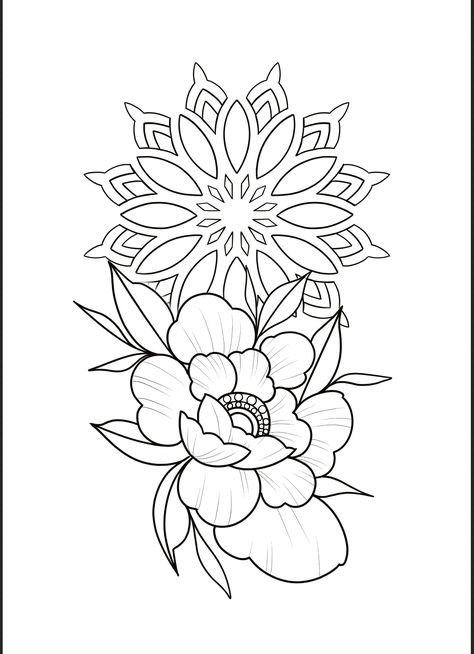 Floral Com Mandala, 108 Tattoo, Traditional Tattoo Outline, Dotwork Tattoo Mandala, Black And White Flower Tattoo, Geometric Flower Tattoo, Chest Tattoo Stencils, Knee Tattoos, Geometric Mandala Tattoo